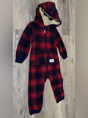 Carter's Red and Navy Plaid Hooded Sherpa-Lined One-Piece